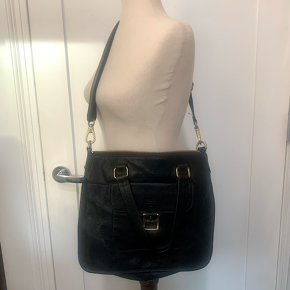 Vintage Black Fossil Leather Bag Brass Hardware